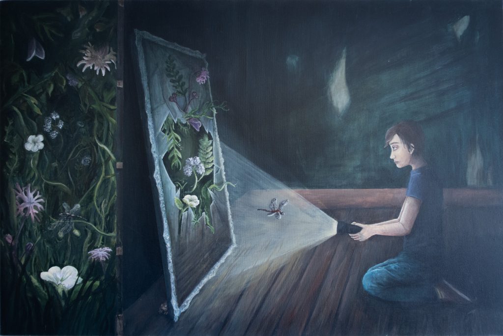 An image of the painting Creeping Optimism December 2024. Shows a person shining a light on a broken mirror. Plants grow through and out of the broken mirror. The left side of the painting shows an overgrown, hidden place beyond the wall of the bar room in which the figure and mirror sit. A tiny frog peeks out from behind the mirror.