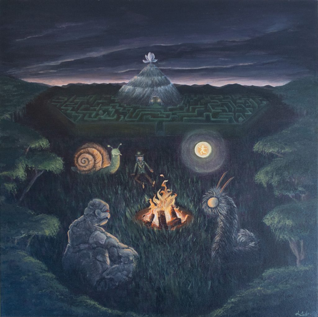 Image of the painting Gathering (July 2024). The image shows a group of 5 fantastical creatures sitting around a campfire within the trees. In the background sits a garden hedge labyrinth. At the center of that labyrinth sits a mountain lit with touches and on top sits a giant magnolia flower. This painting was inspired by one of the opening scenes in the Never Ending Story book