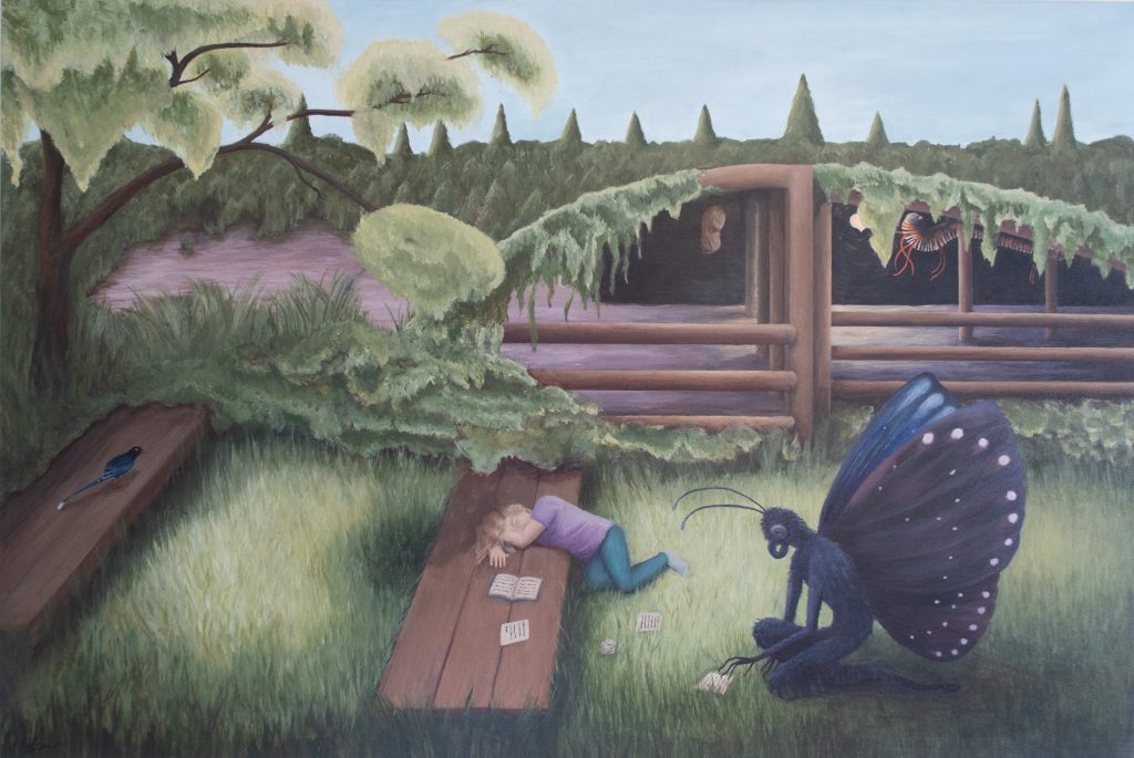 The image shows a garden with a body of water and trees in the background. A figure sits in the middle of the image on the grass of the garden with their head resting on a long, low bench. They appear to sleep. To the right of them is an anthropomorphic butterfly of human size which bends down to pick up dropped pieces of paper the figure appears to have been working on. In the background beyond the large butterfly we see the species (the purple crow) also depicted in it's caterpillar and chrysalis stages with a wooden structure similar to a boat house. to the left side of the painting a large tree leans over into the garden creating some shade and on the bench blue sits a blue magpie.