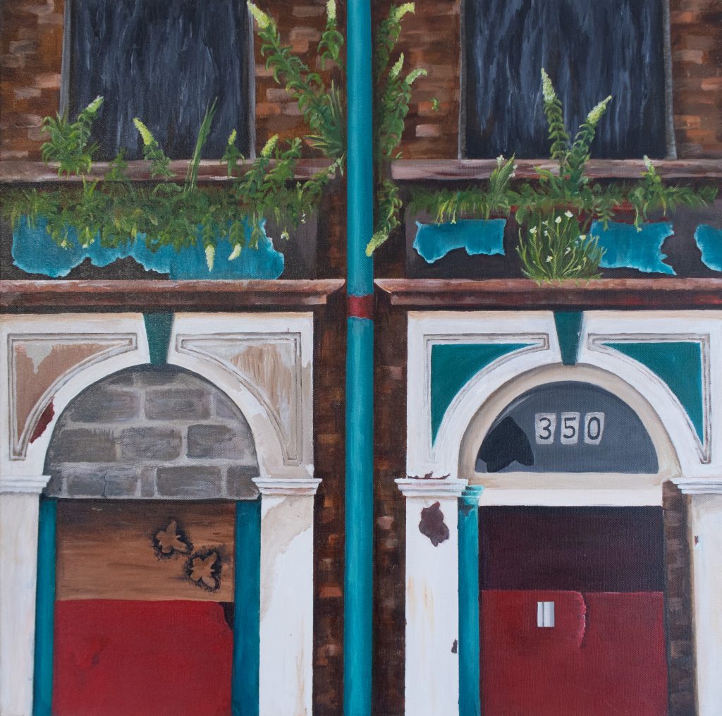 Image of the painting Round the corner July 2023. A derelict, rundown building is shown. Two doorways sit int he lower half with two boarded up windows above. Metal sheets, concrete brick and pieces of wooden block the doorways and windows. Above on of the doors is a smalls mashed window. Between the top of the doorways and bottom of the windows sit dilapidated planter. Off white, buddleia grow out of these plants in an overgrown fashion and grown around a turquoise drainpipe that run down the centre on the building and painting.