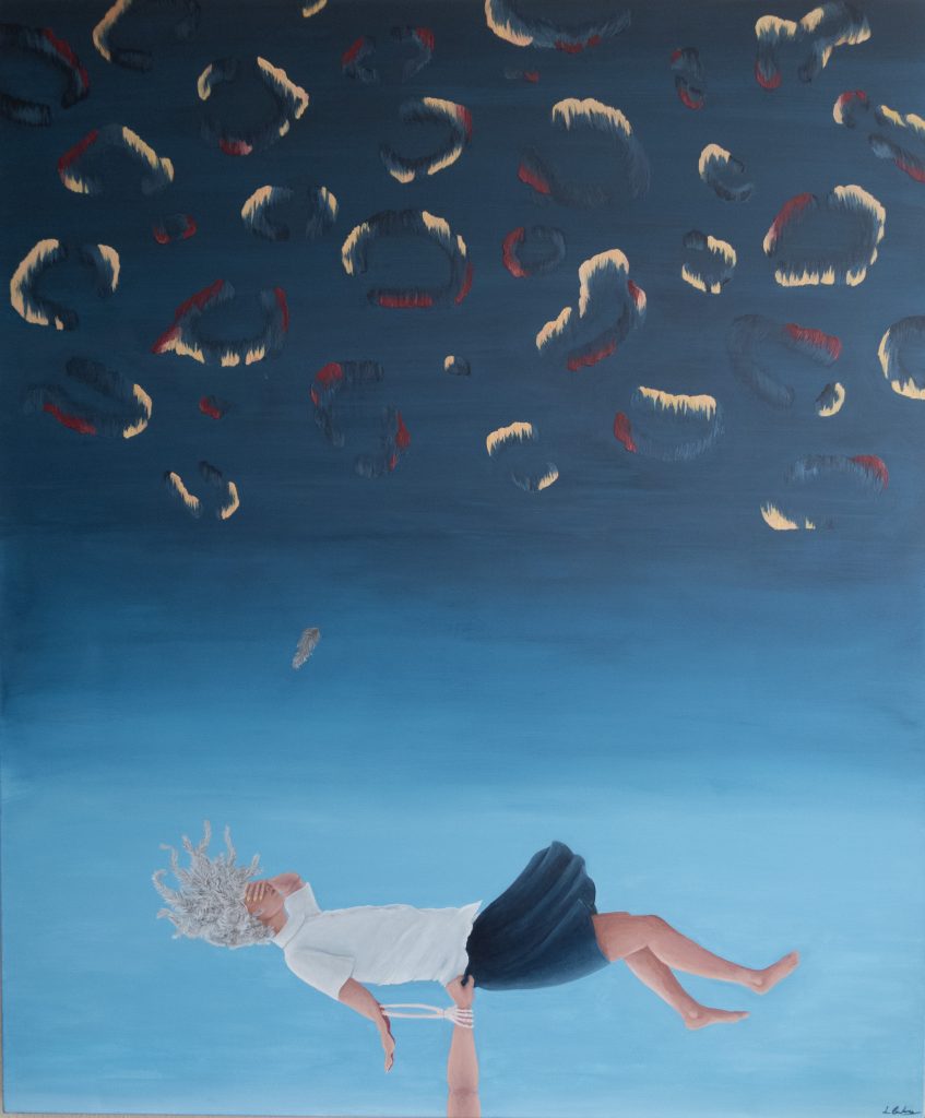 Image of the painting Tethered, July 2026. The painting shows a figure floating or held with a gradient blue back ground. The figure sits at the lower half amongst the light blue and as the painting progresses to darker blue at the top. Abstract shapes of a dark blue highlighted with red and yellow are dotted across the dark blue section. The figure is held by an arm and hand which reaches up from he bottom of the canvas. The figures hair is made of feathers and there is a general sense of air movement or wind blowing upwards from the bottom of the canvas.